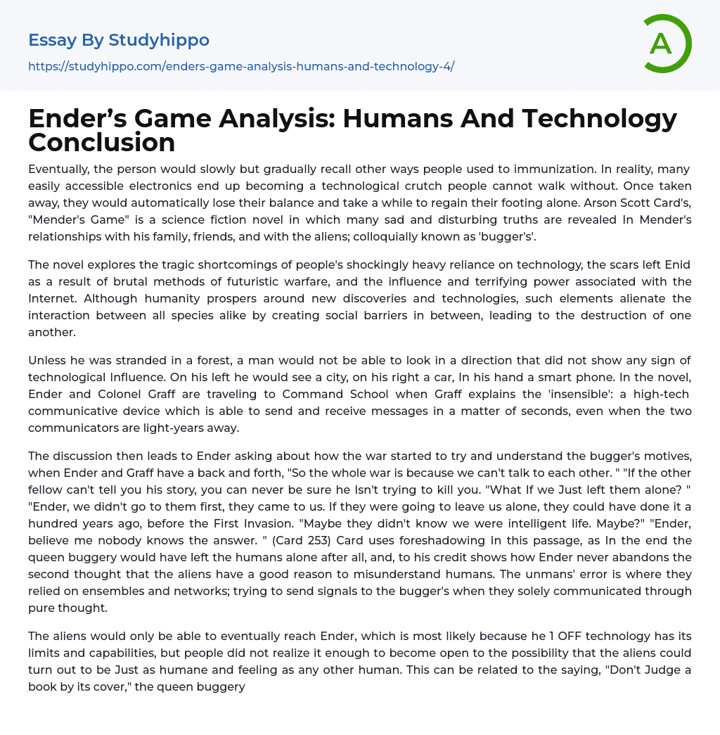 Ender’s Game Analysis: Humans And Technology Conclusion Essay Example