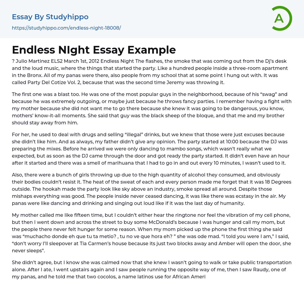 Endless NIght Essay Example