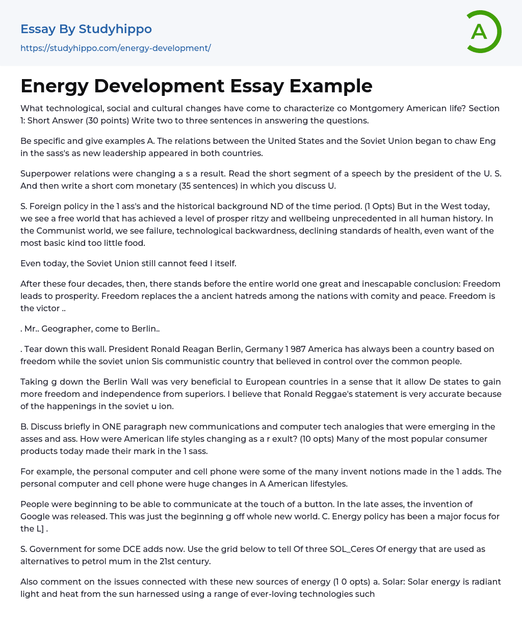 Energy Development Essay Example
