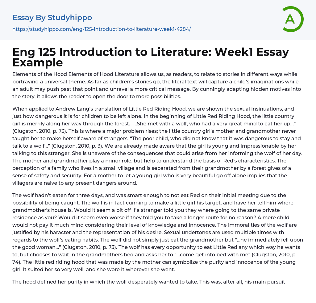 Eng 125 Introduction to Literature: Week1 Essay Example