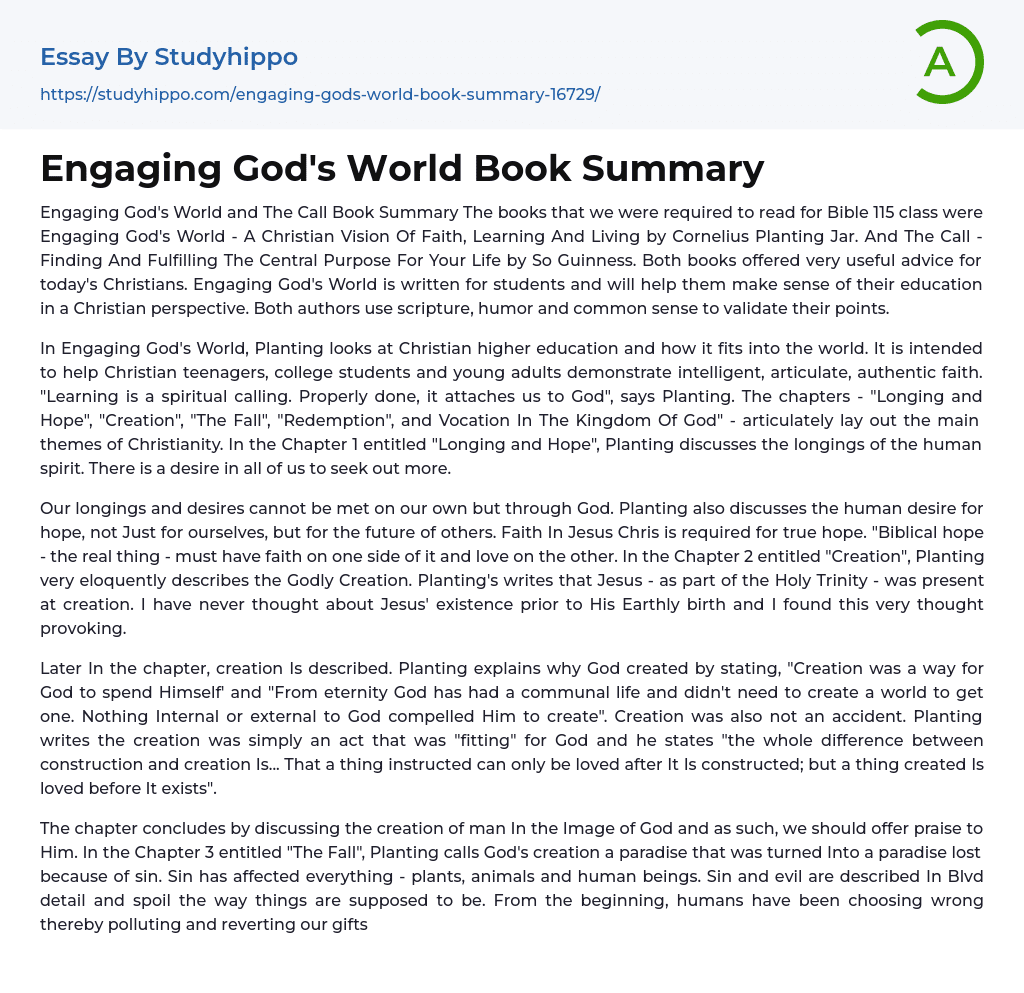 Engaging God’s World Book Summary Essay Example
