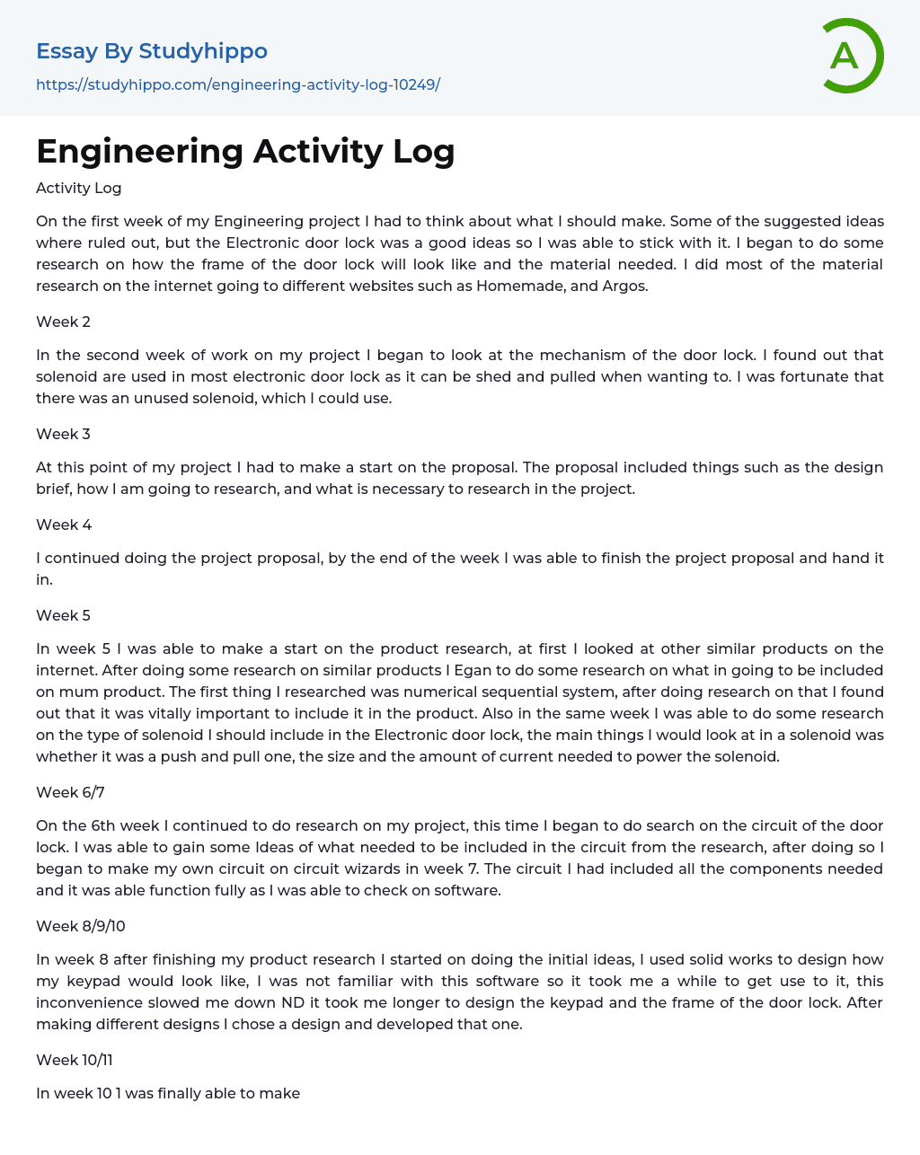 Engineering Activity Log Essay Example