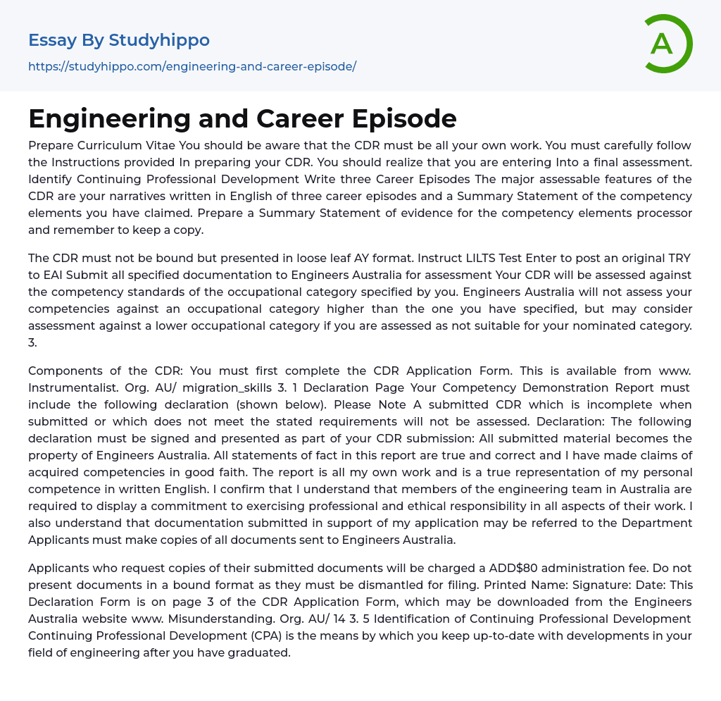 Engineering and Career Episode Essay Example