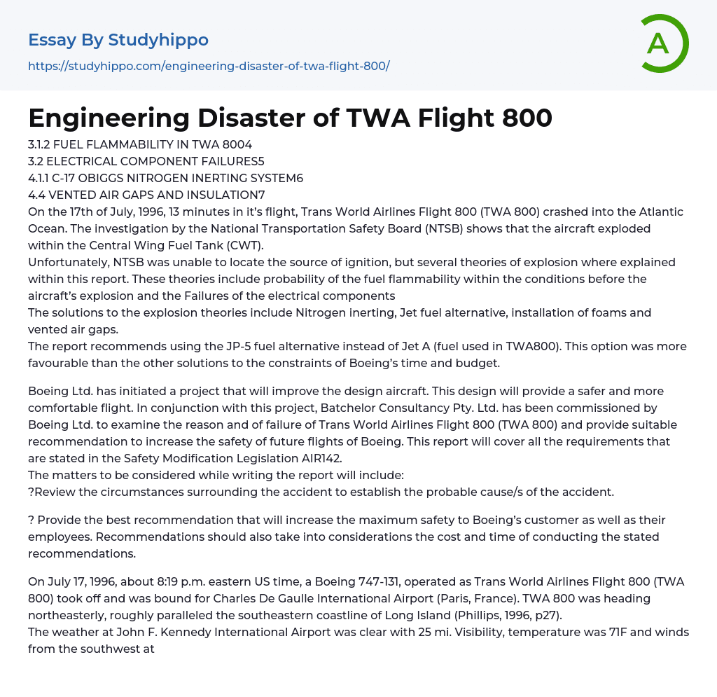 Engineering Disaster of TWA Flight 800 Essay Example