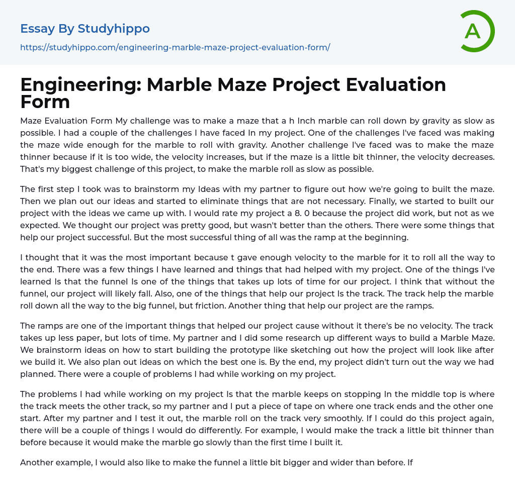 Engineering: Marble Maze Project Evaluation Form Essay Example