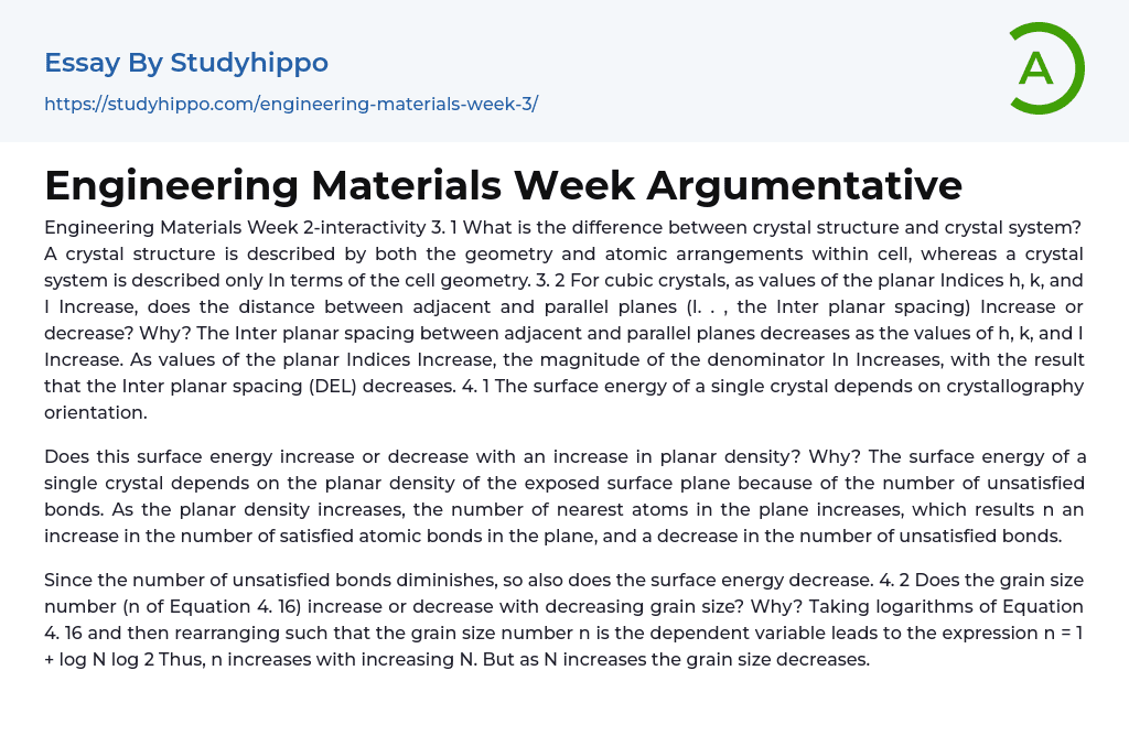 Engineering Materials Week Argumentative Essay Example