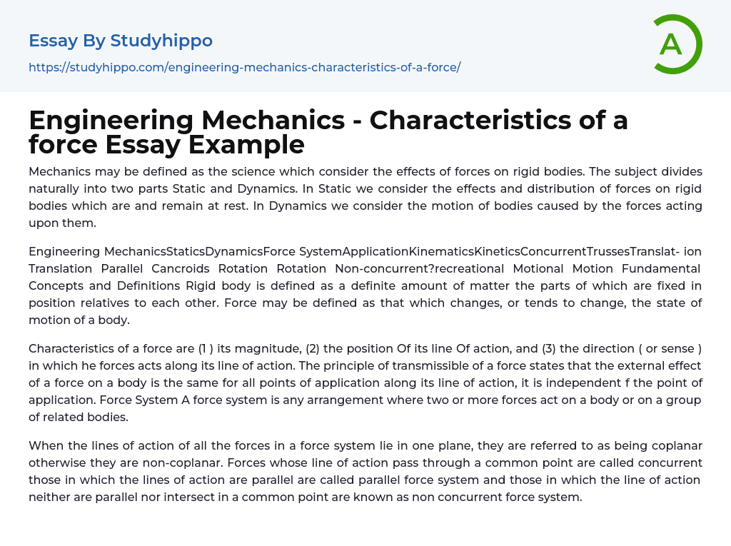 Engineering Mechanics – Characteristics of a force Essay Example