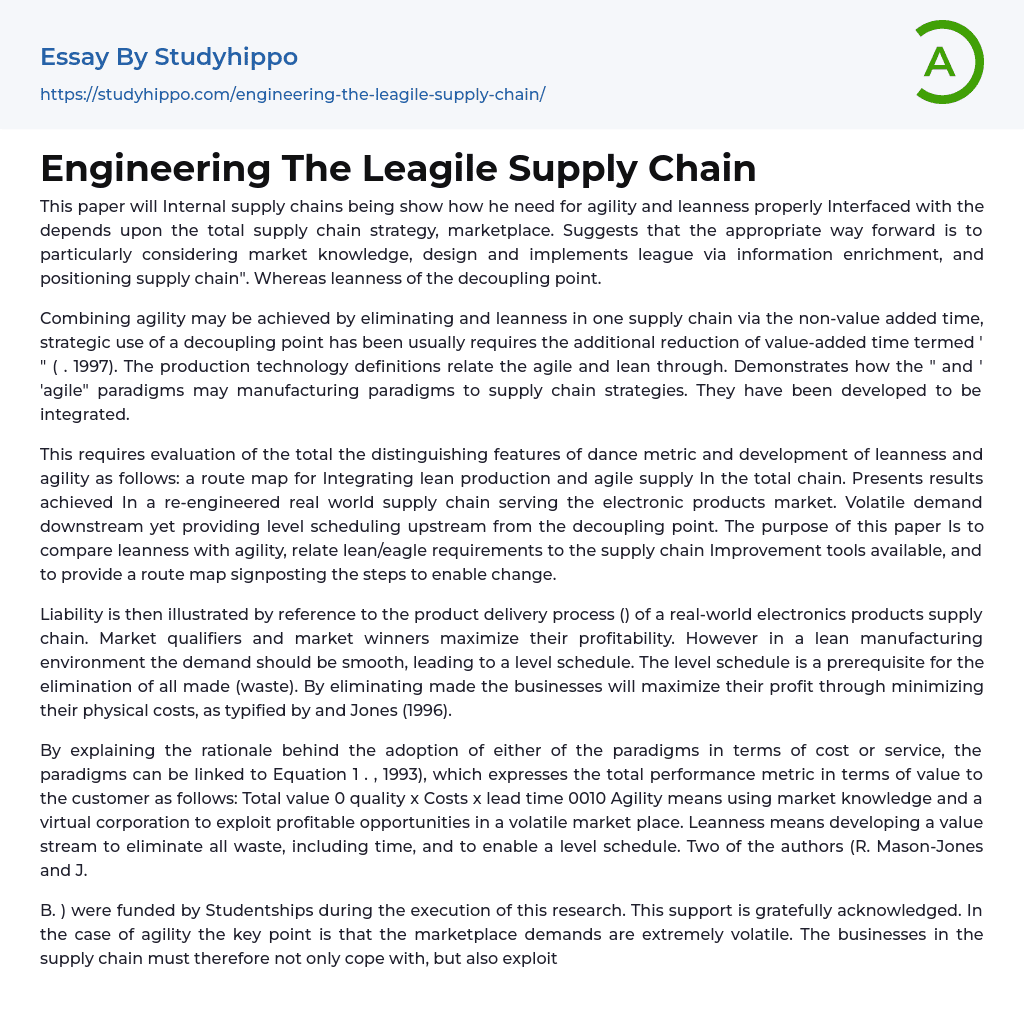 Engineering The Leagile Supply Chain Essay Example