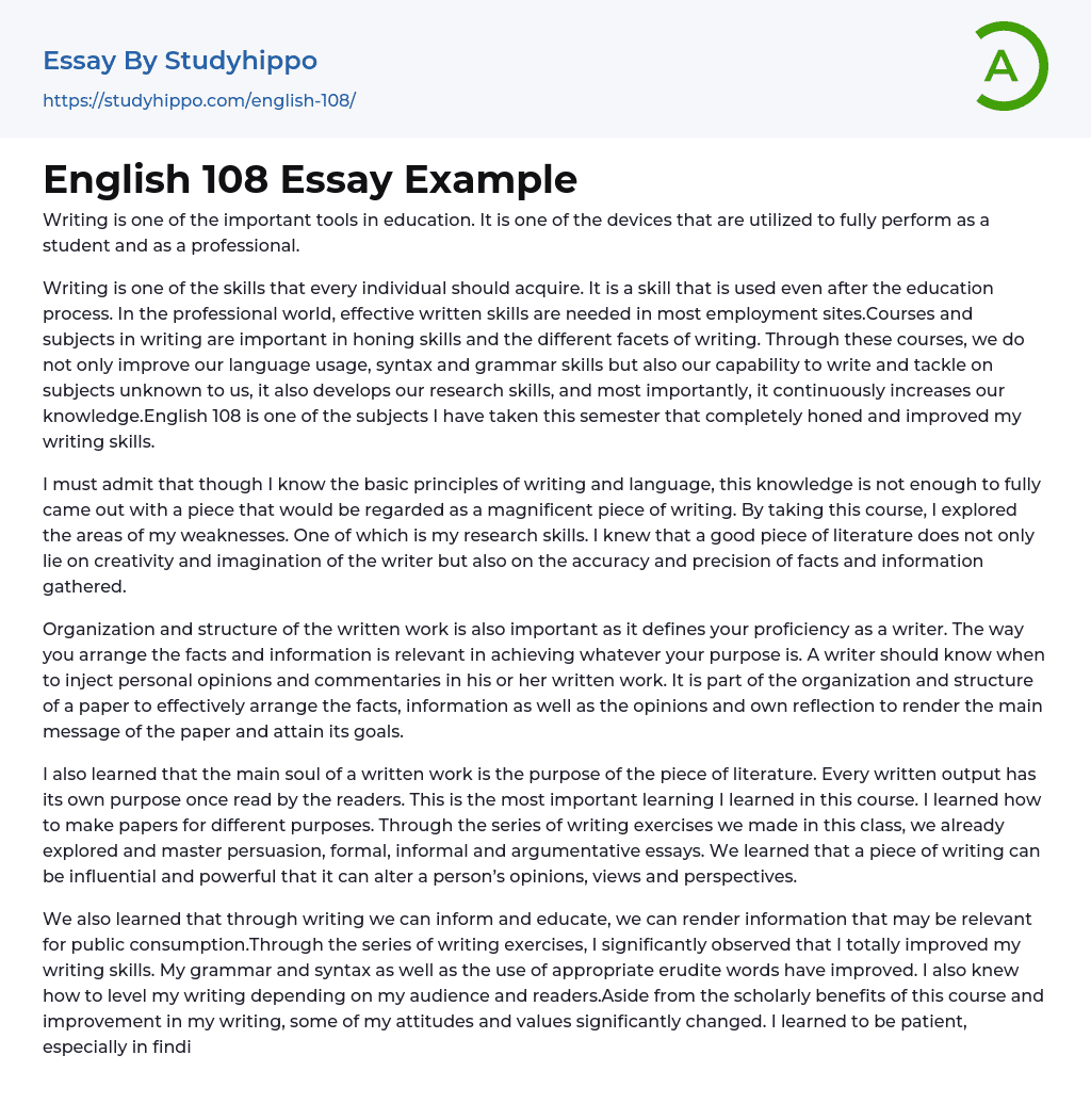 English 108 Essay Example