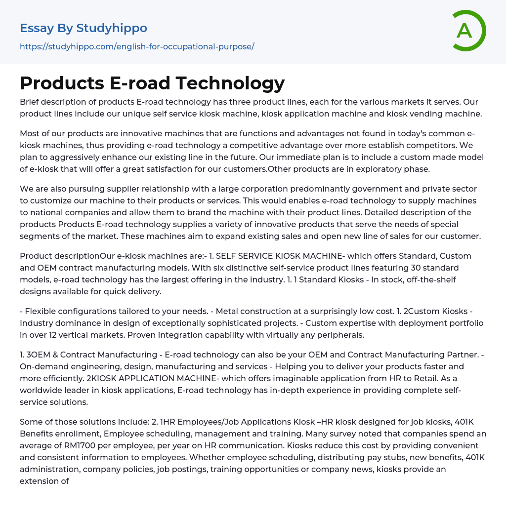 Products E-road Technology Essay Example