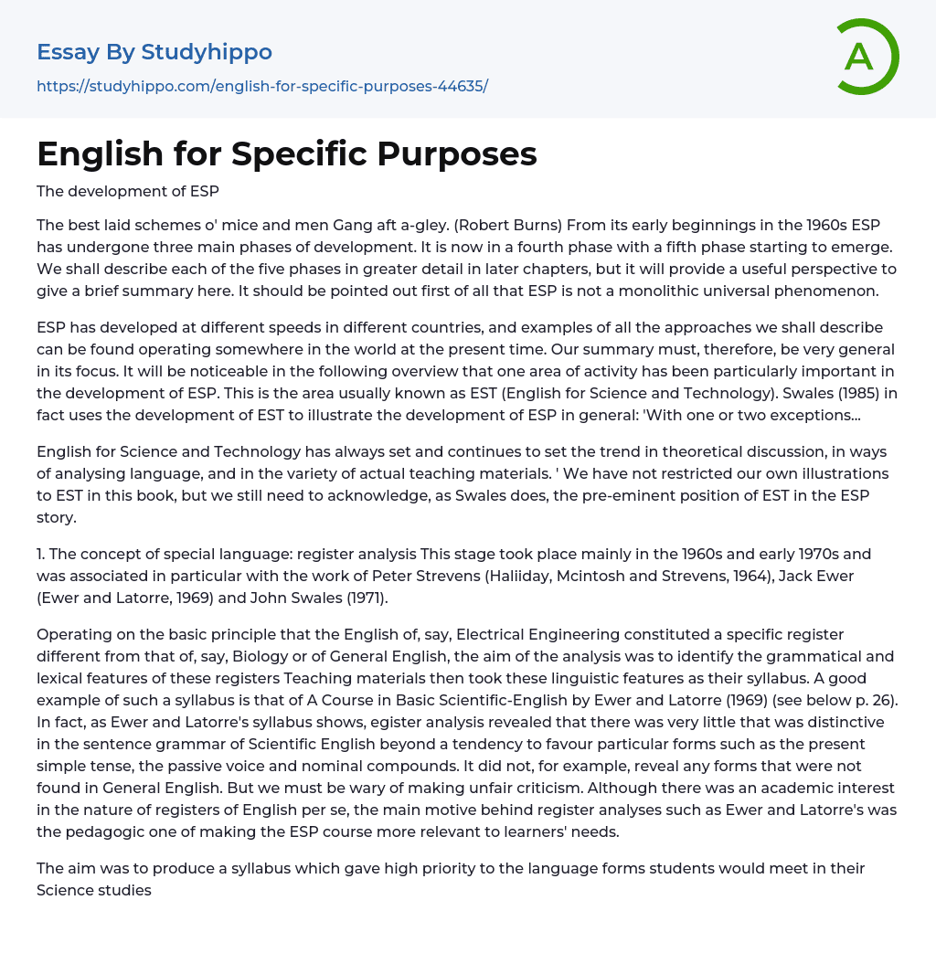 English for Specific Purposes Essay Example