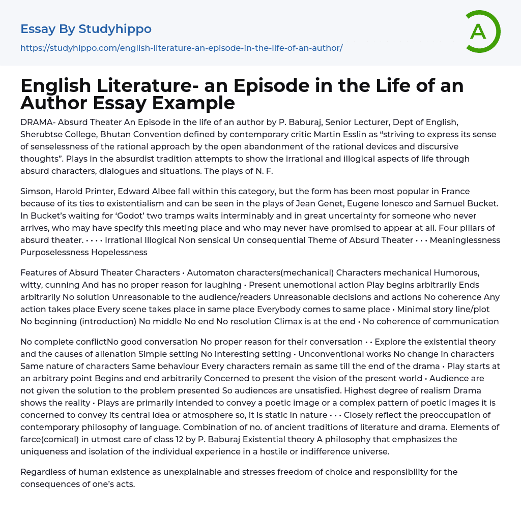 English Literature- an Episode in the Life of an Author Essay Example
