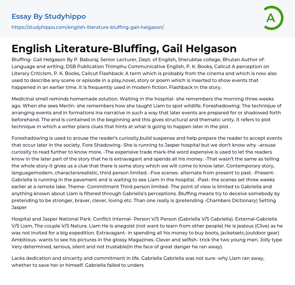 English Literature-Bluffing, Gail Helgason Essay Example