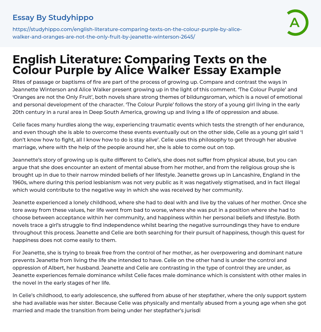English Literature: Comparing Texts on the Colour Purple by Alice Walker Essay Example