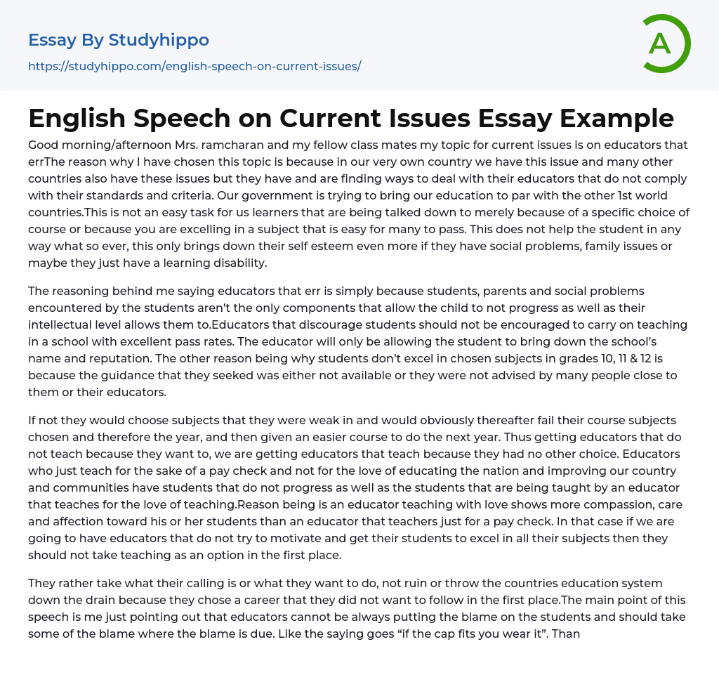 English Speech on Current Issues Essay Example