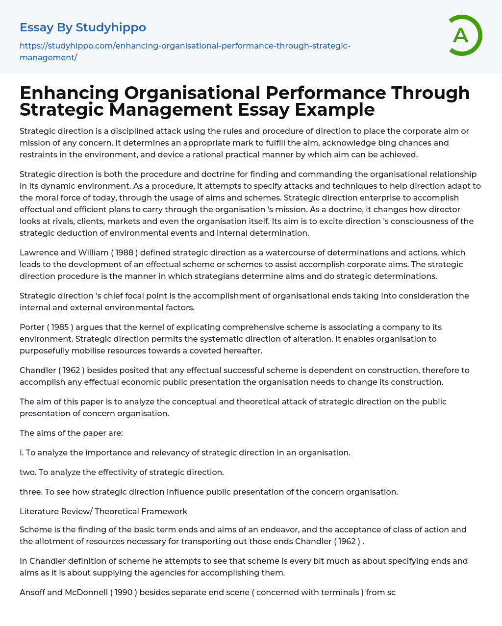 Enhancing Organisational Performance Through Strategic Management Essay Example