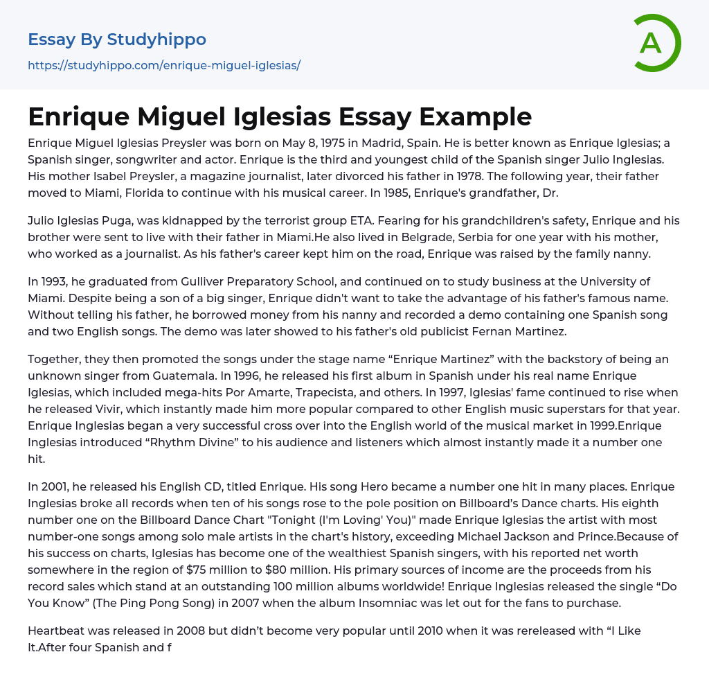 Enrique Miguel Iglesias Essay Example