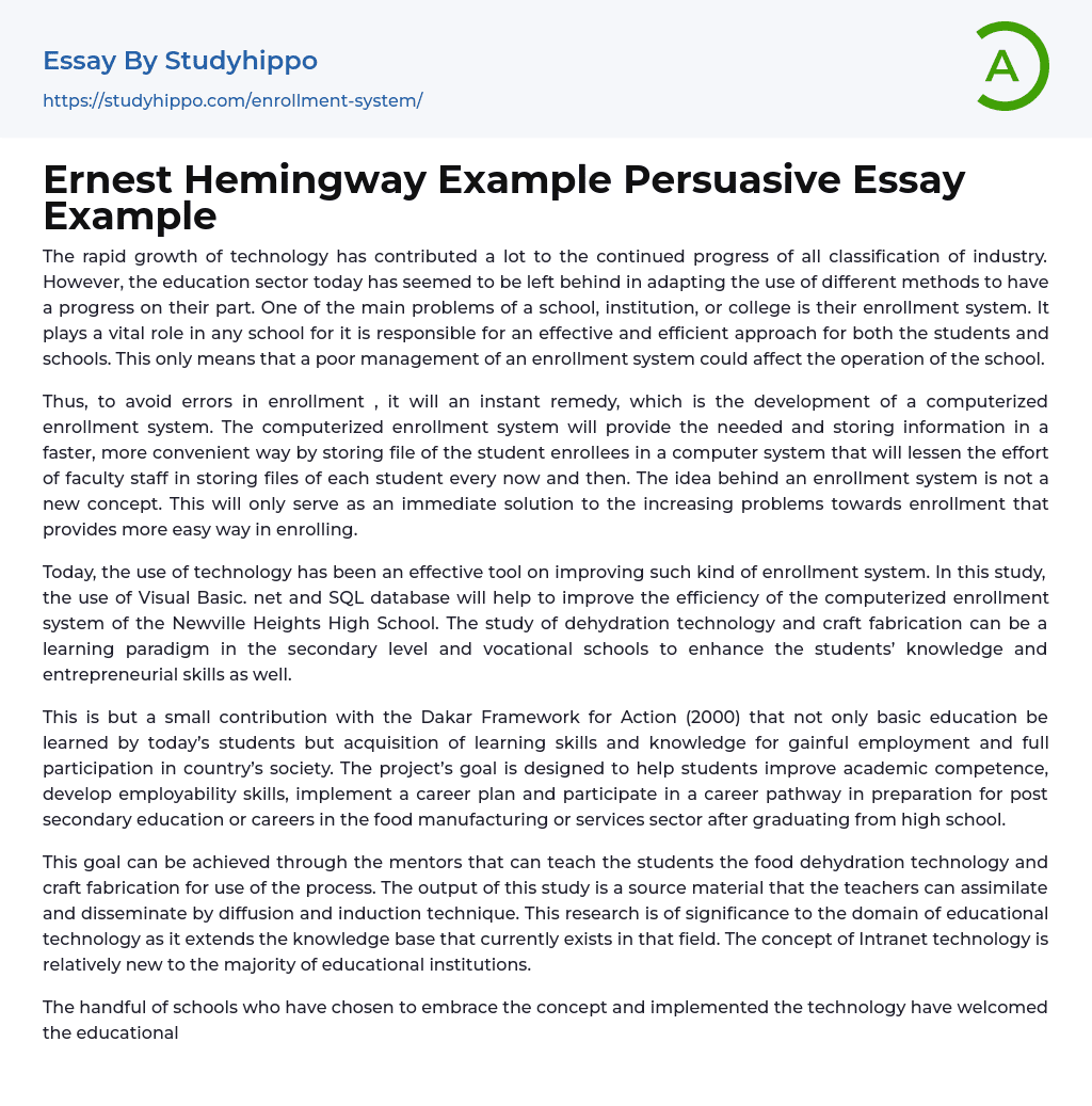 Ernest Hemingway Example Persuasive Essay Example