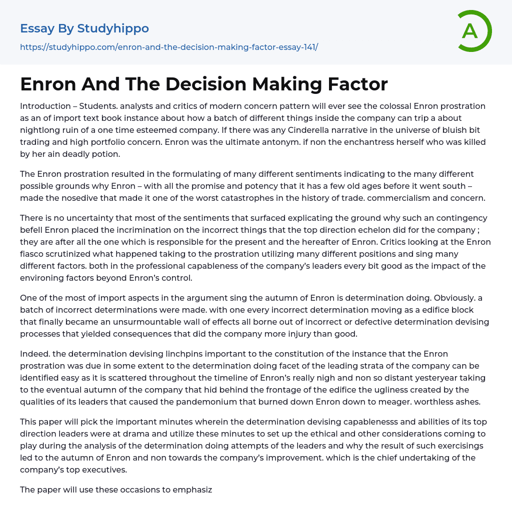Enron And The Decision Making Factor Essay Example