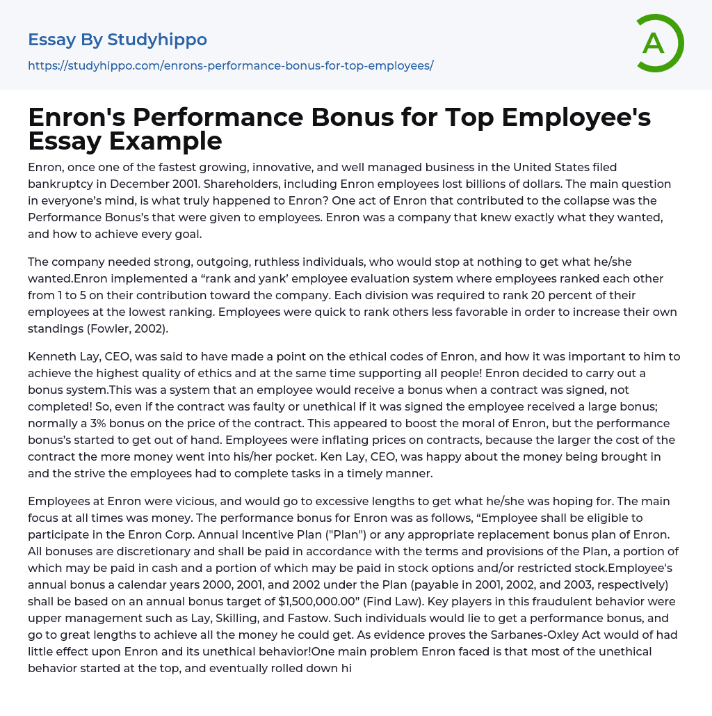 Enron’s Performance Bonus for Top Employee’s Essay Example