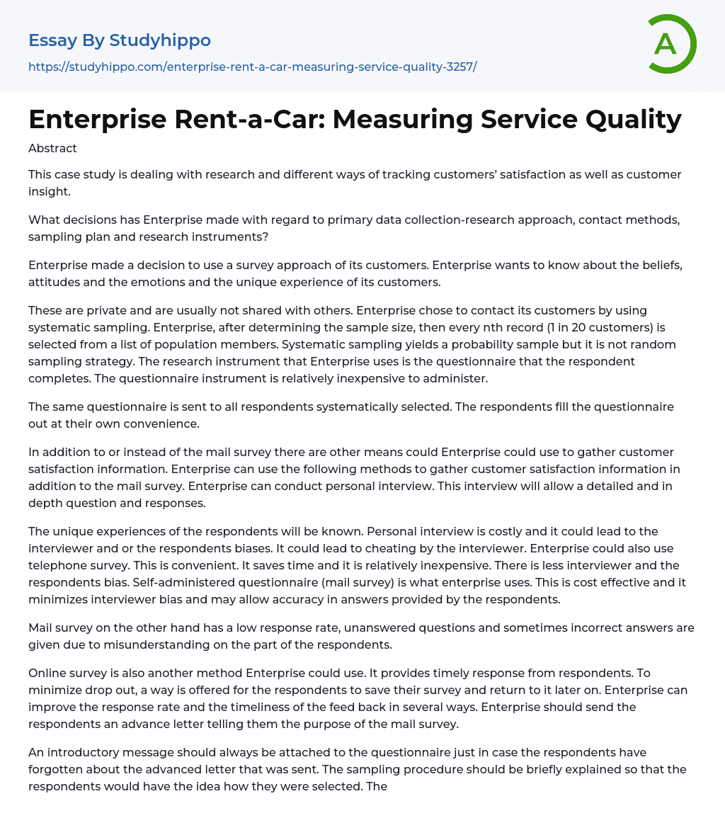 Enterprise Rent-a-Car: Measuring Service Quality Essay Example