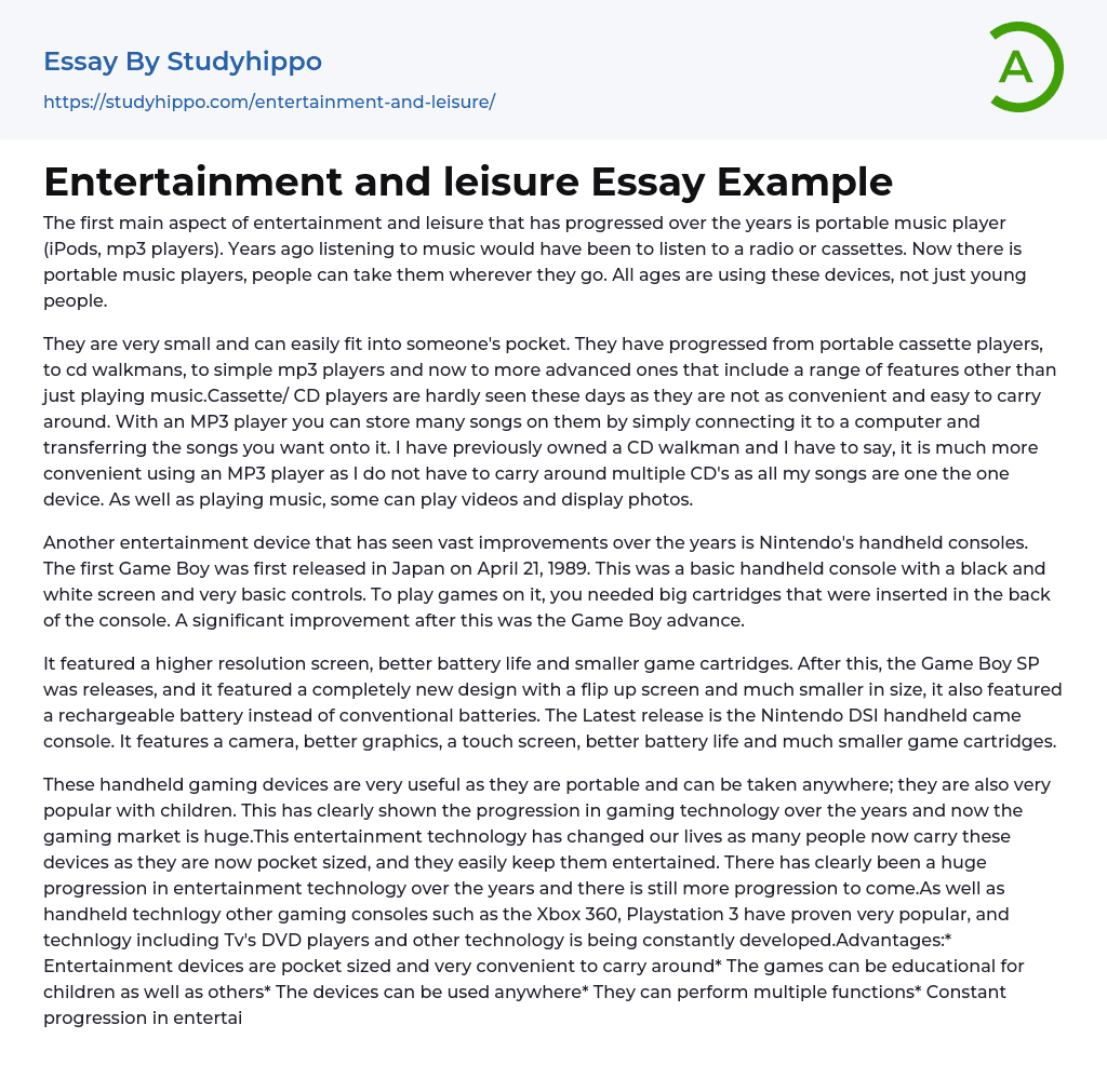 Entertainment and leisure Essay Example