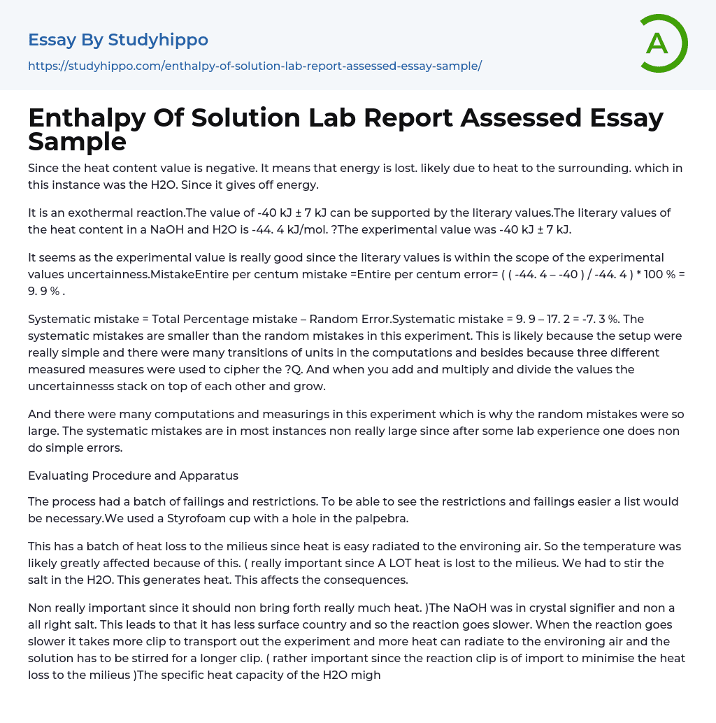 Enthalpy Of Solution Lab Report Assessed Essay Sample