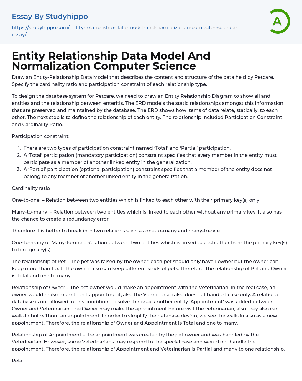 Entity Relationship Data Model And Normalization Computer Science Essay Example