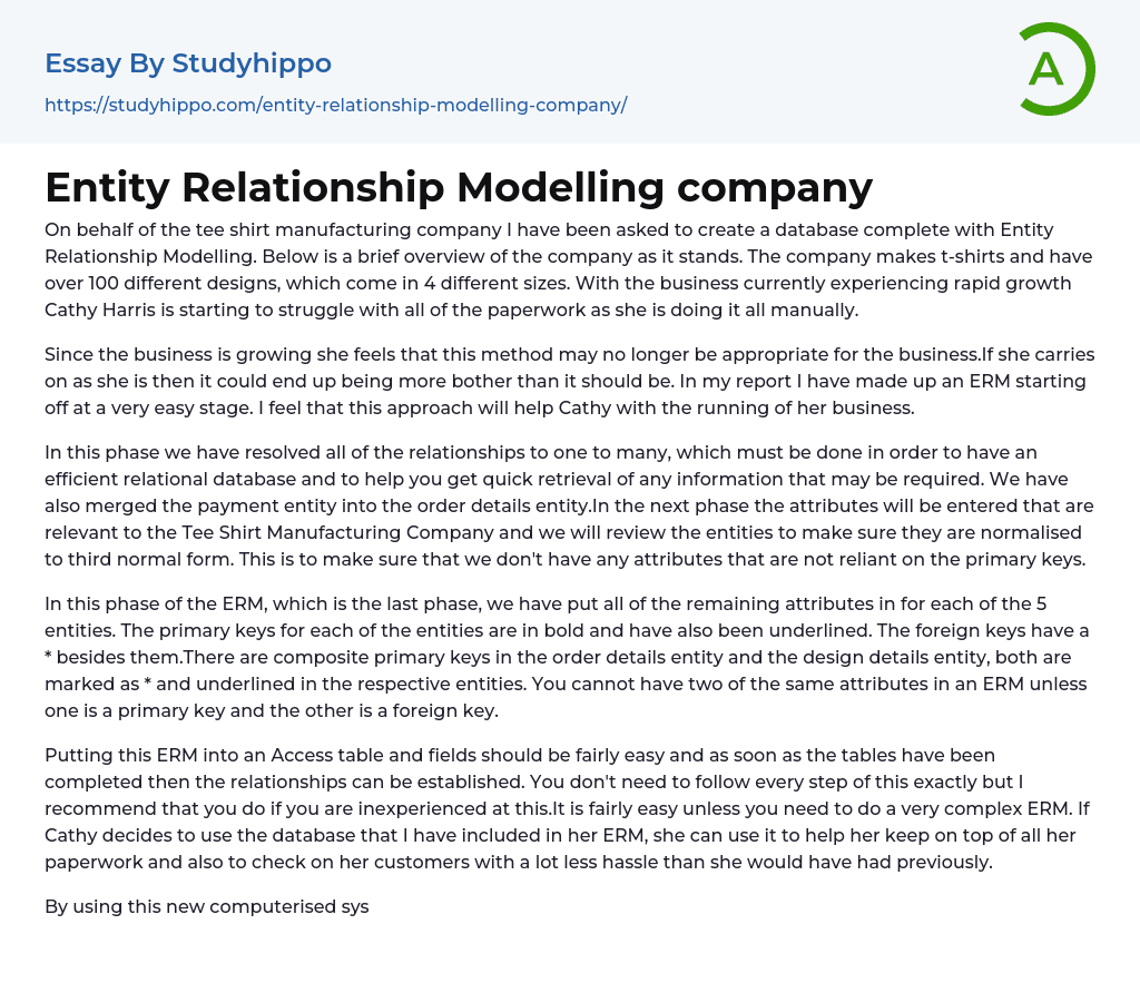 Entity Relationship Modelling company Essay Example