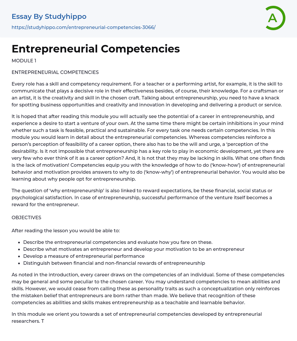 Entrepreneurial Competencies Essay Example