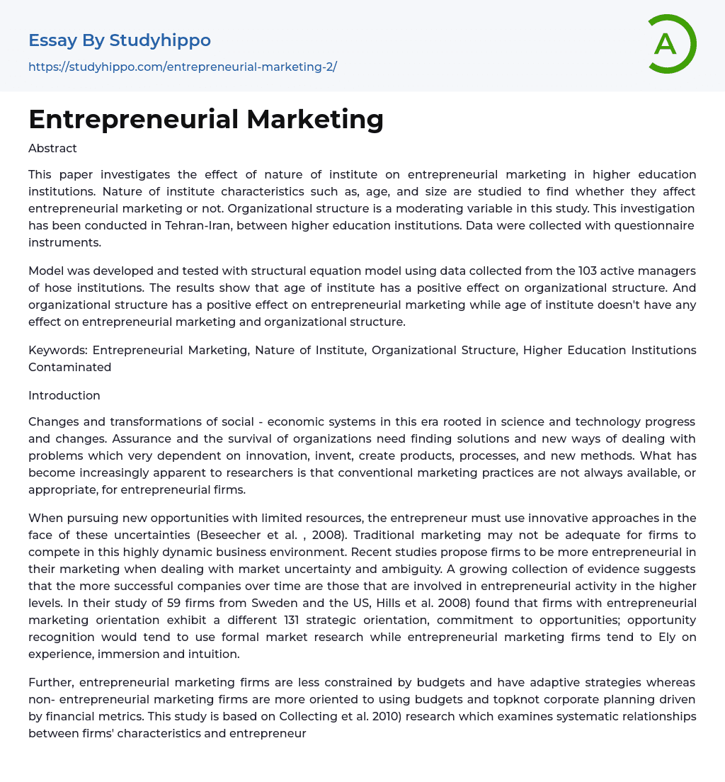 Entrepreneurial Marketing Essay Example