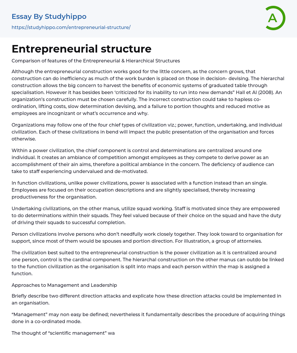Entrepreneurial structure Essay Example