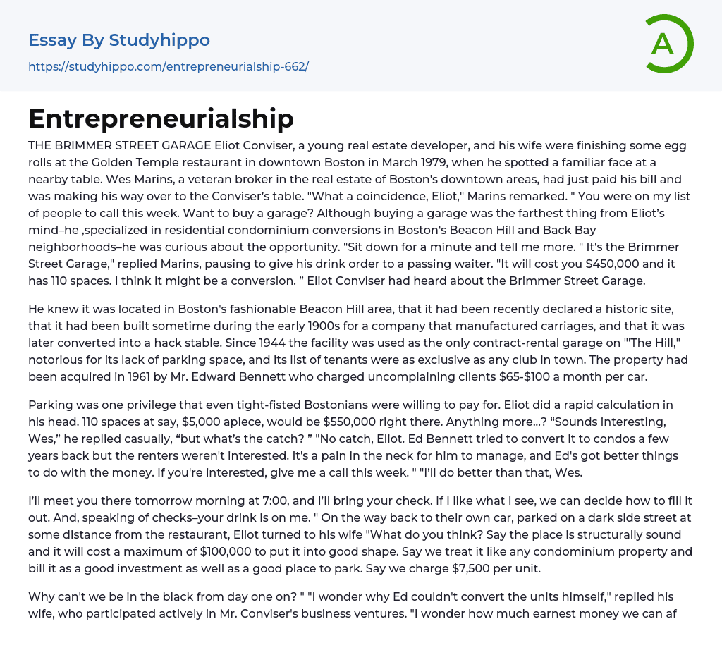 Entrepreneurialship: The Brimmer Street Garage Essay Example