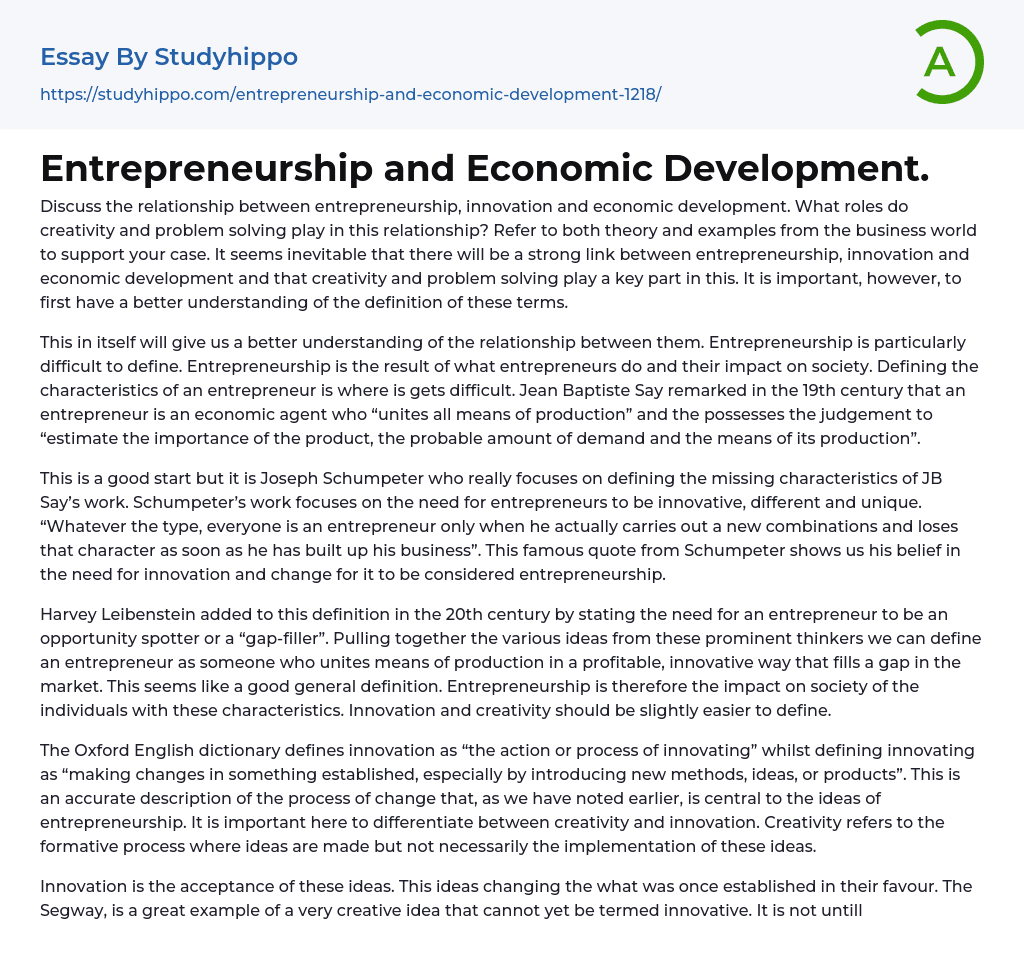 Entrepreneurship and Economic Development. Essay Example