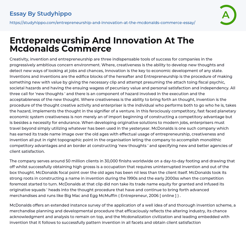 Entrepreneurship And Innovation At The Mcdonalds Commerce Essay Example