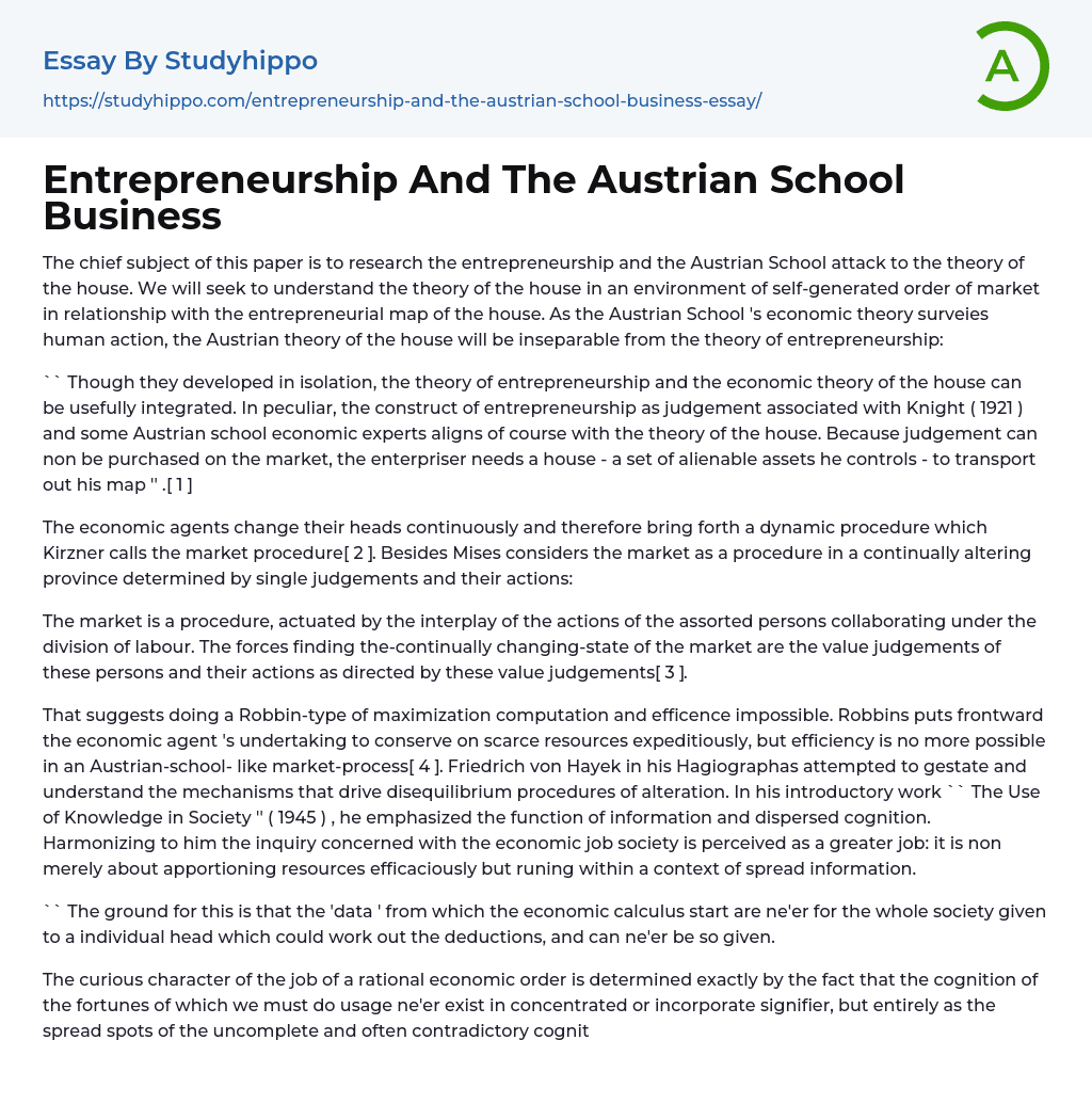Entrepreneurship And The Austrian School Business Essay Example