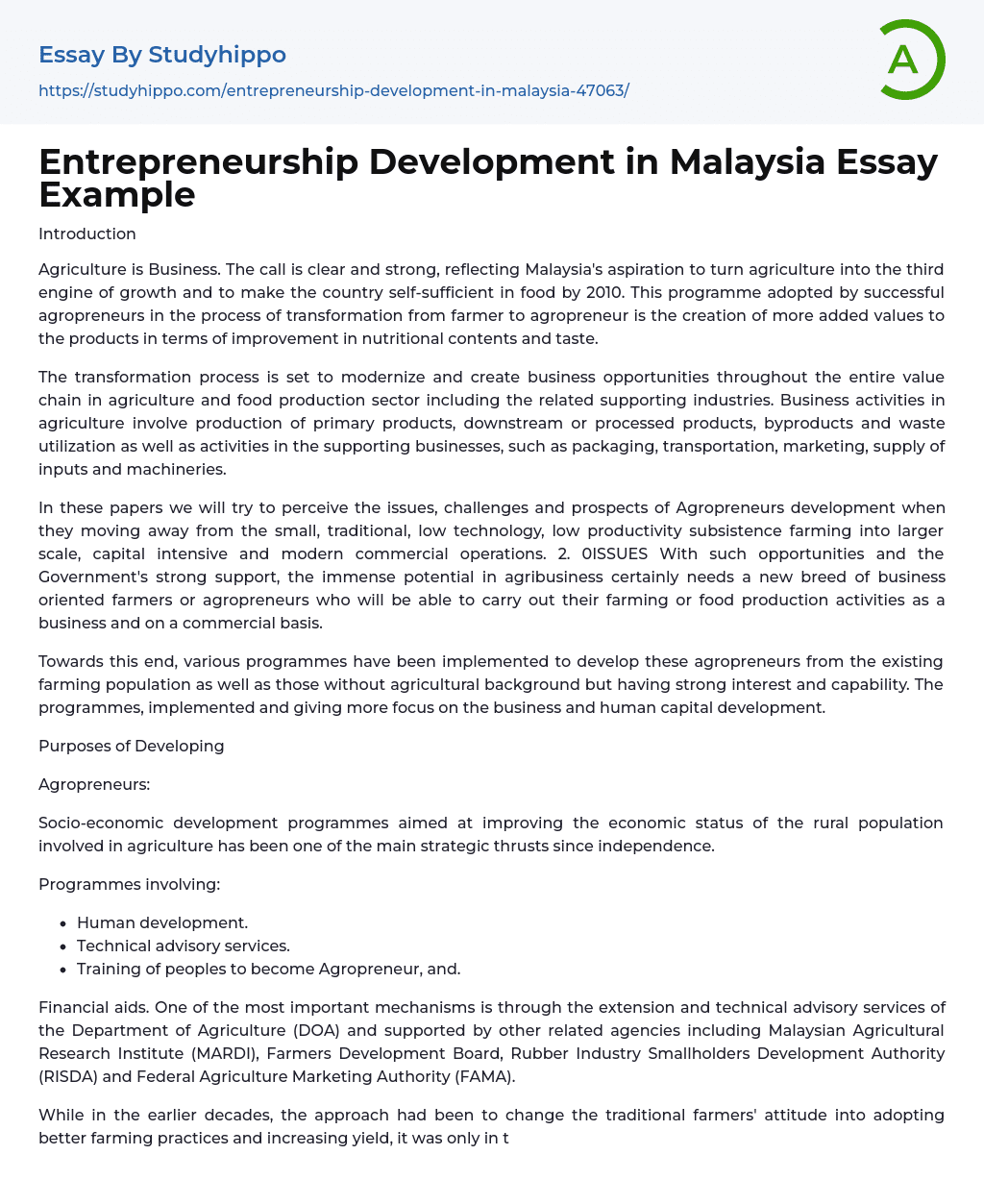 Entrepreneurship Development in Malaysia Essay Example