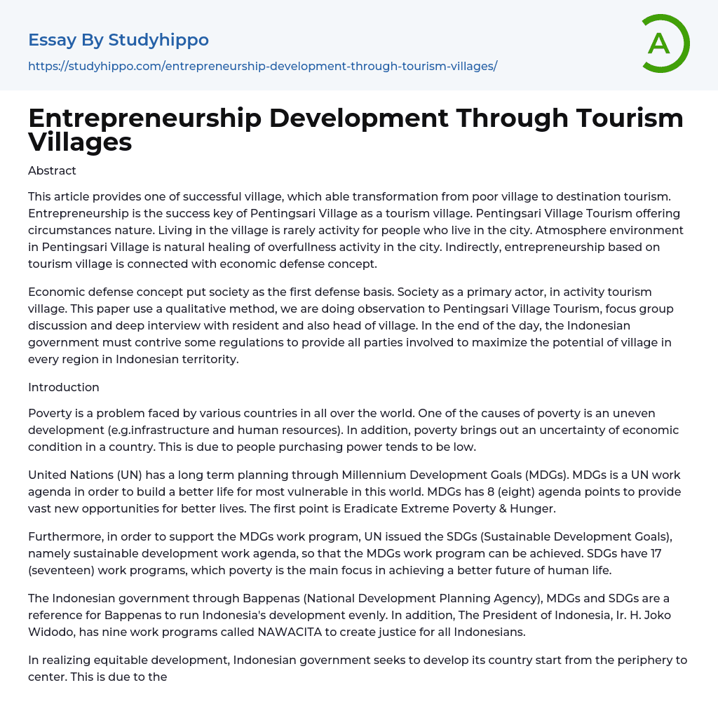 Entrepreneurship Development Through Tourism Villages Essay Example