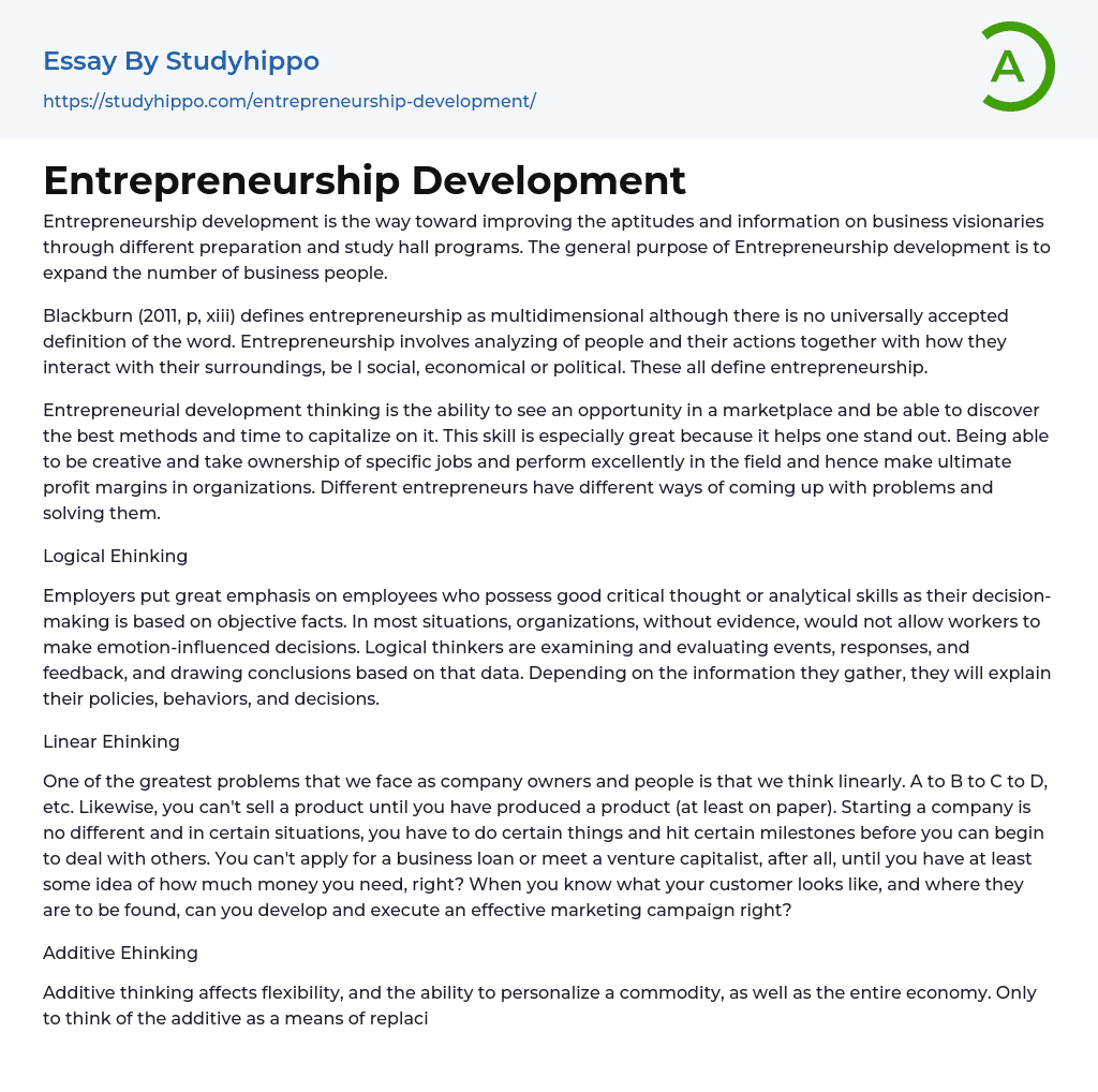 Entrepreneurship Development Essay Example