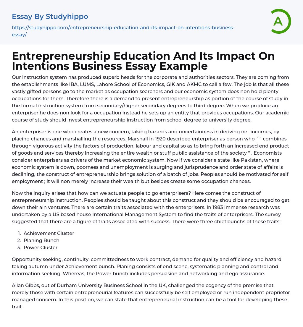 Entrepreneurship Education And Its Impact On Intentions Business Essay Example