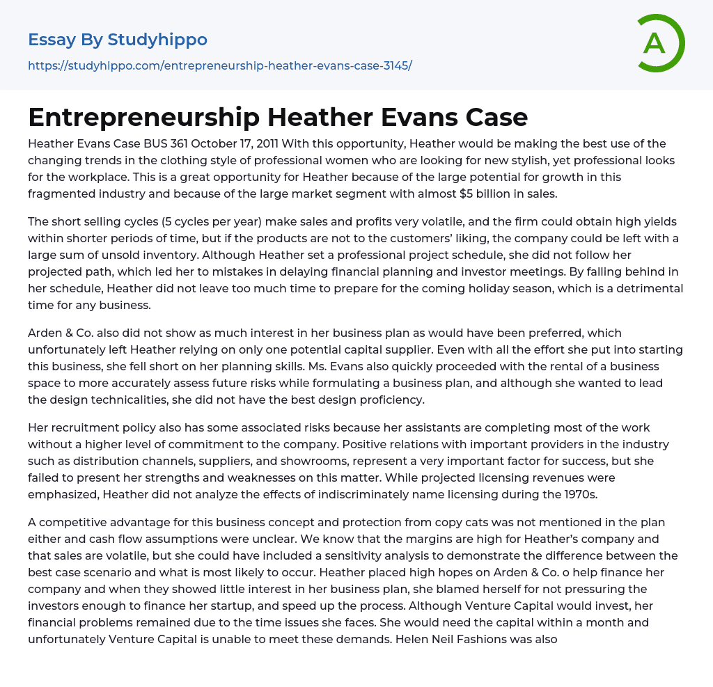 Entrepreneurship Heather Evans Case Essay Example