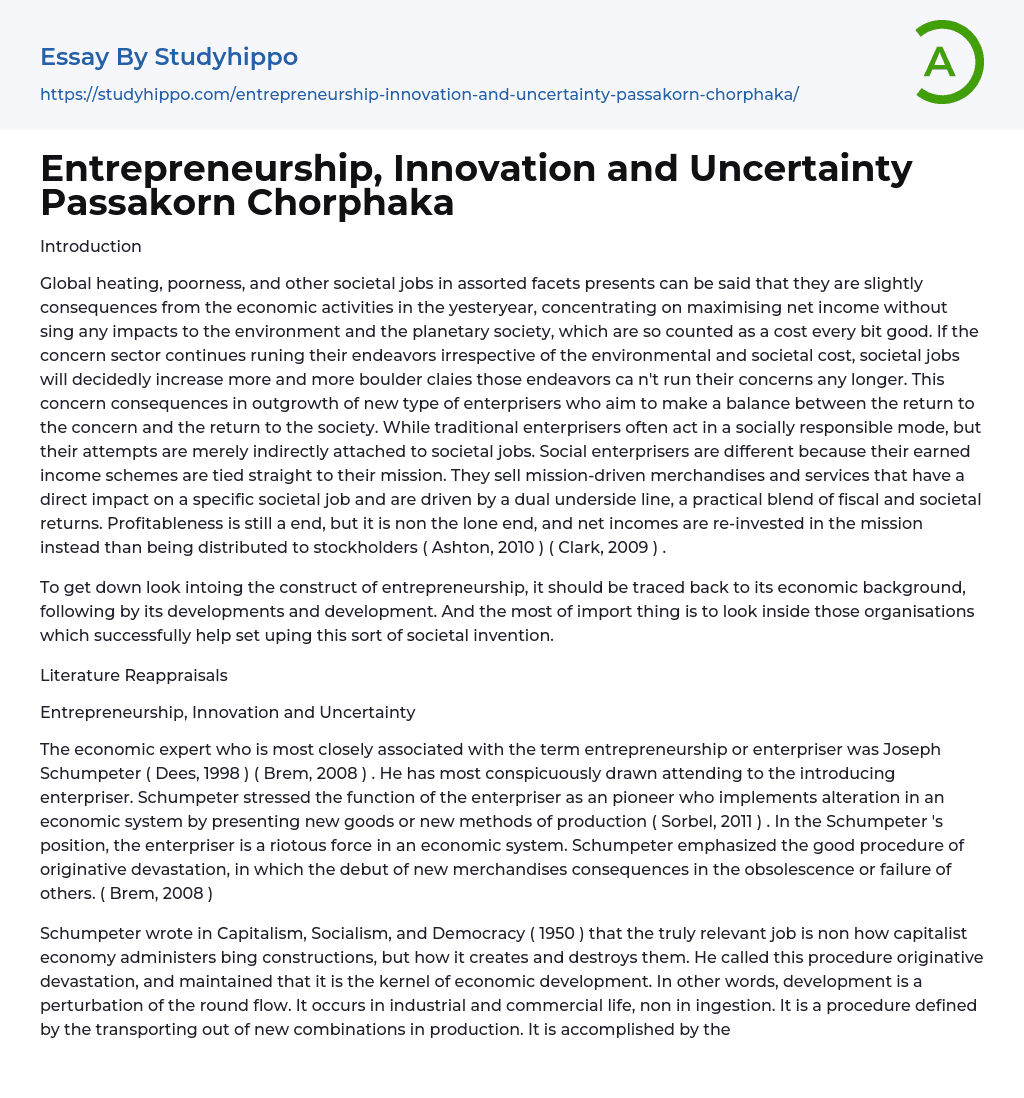 Entrepreneurship, Innovation and Uncertainty Passakorn Chorphaka Essay Example