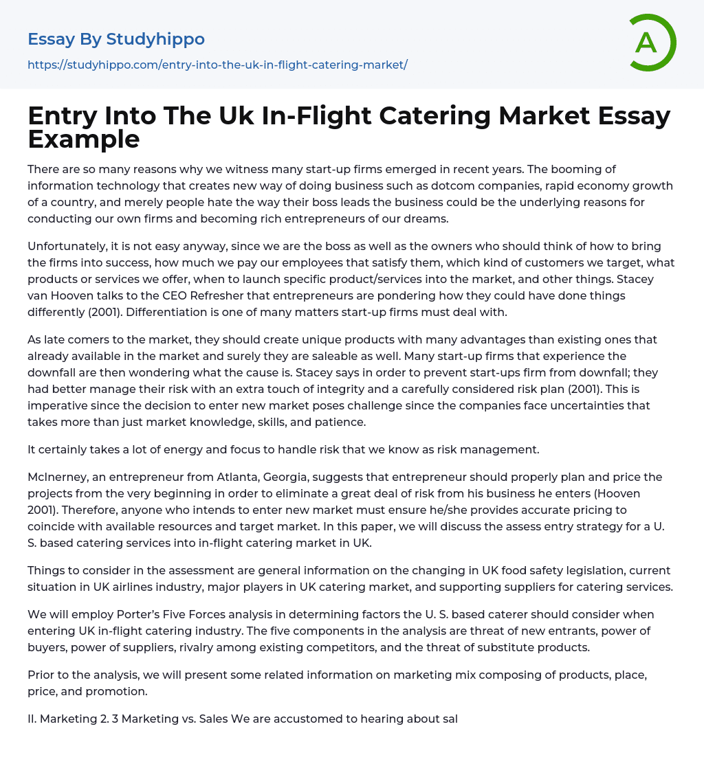 Entry Into The Uk In-Flight Catering Market Essay Example