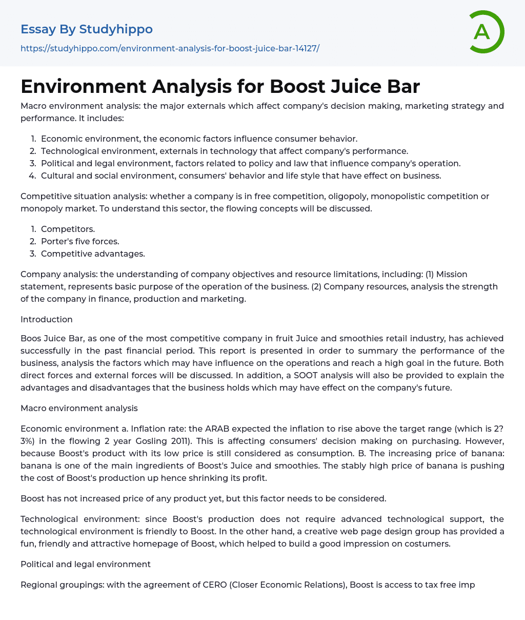 Environment Analysis for Boost Juice Bar Essay Example