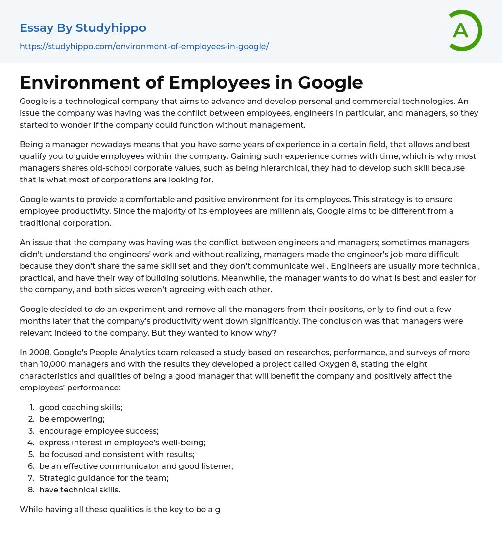 Environment of Employees in Google Essay Example