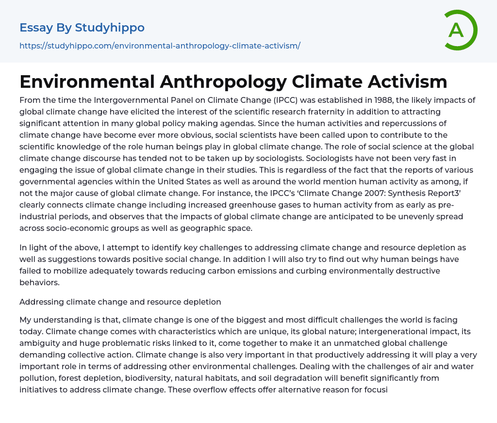 Environmental Anthropology Climate Activism Essay Example