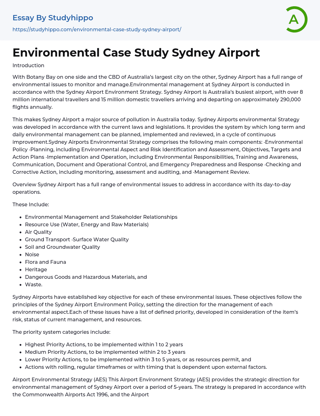Environmental Case Study Sydney Airport Essay Example