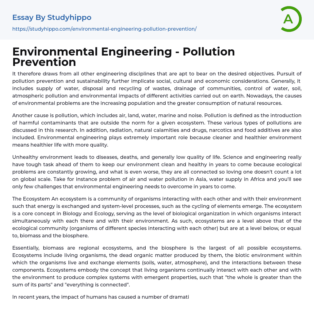 Environmental Engineering – Pollution Prevention Essay Example