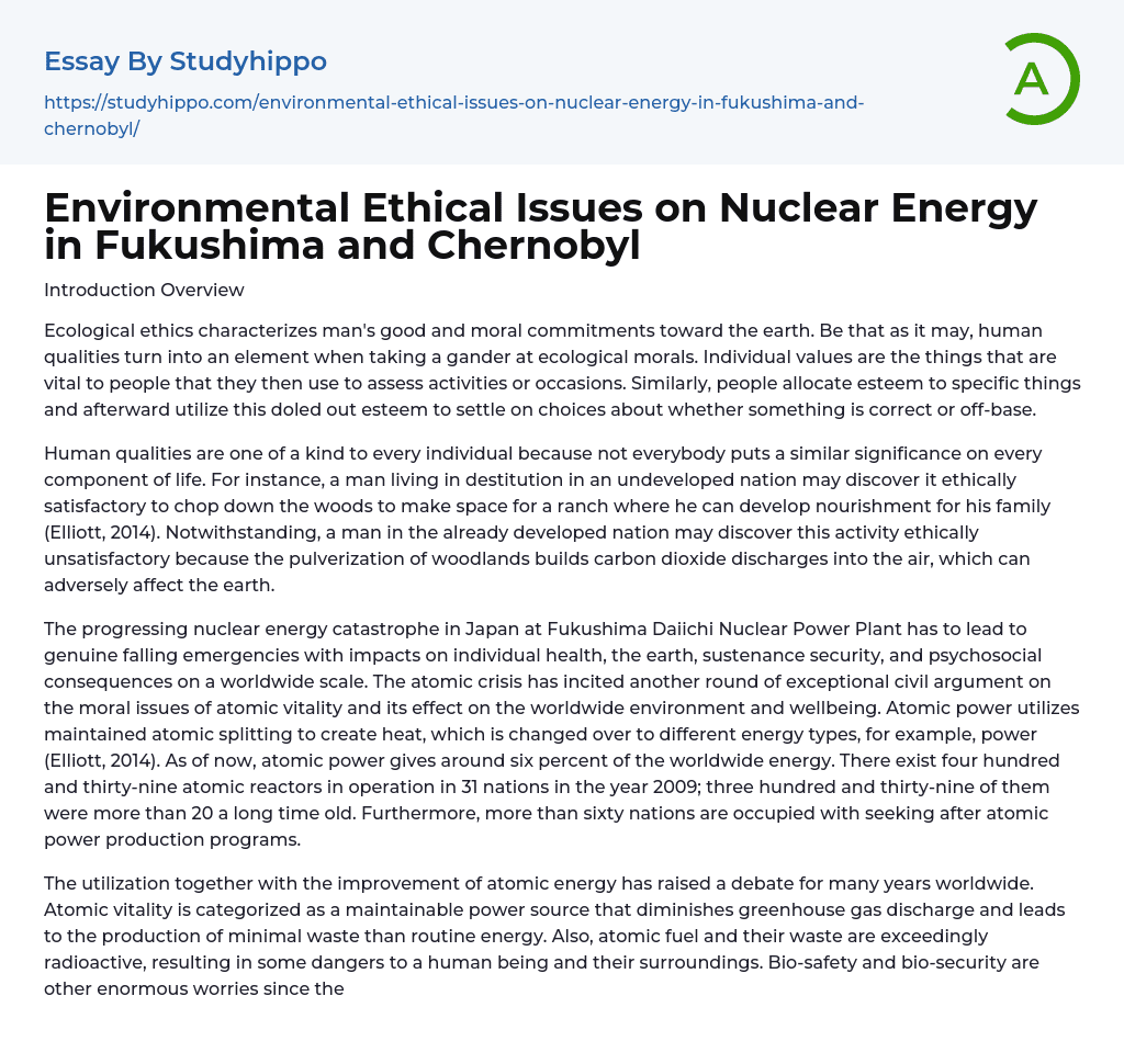Environmental Ethical Issues on Nuclear Energy in Fukushima and Chornobyl Essay Example