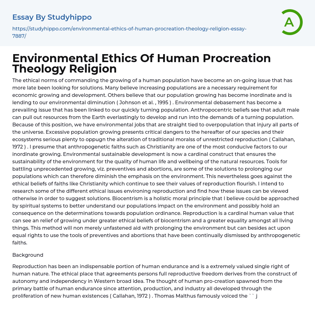 Environmental Ethics Of Human Procreation Theology Religion Essay Example